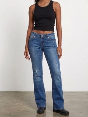 &Denim Skinny Bootcut Jeans Distressed Indigo Blue Wash - 31W x 32L